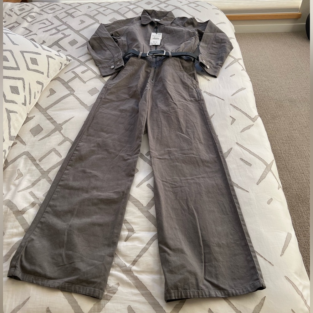$129 Zara Belted Jumpsuit ZW Collection - NWT Grey Taupe